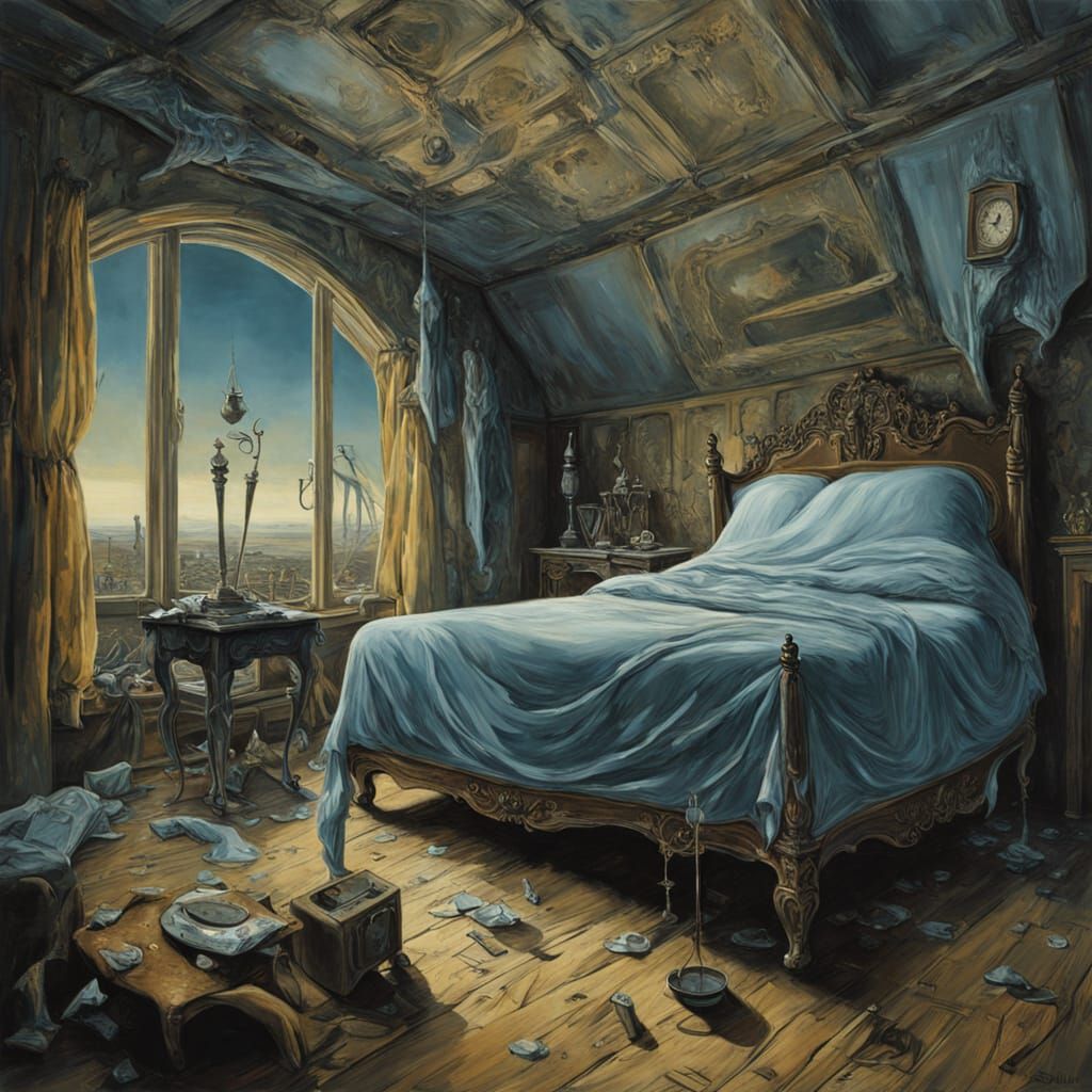 Surreal Attic with Melting Clocks in Oil Painting Style