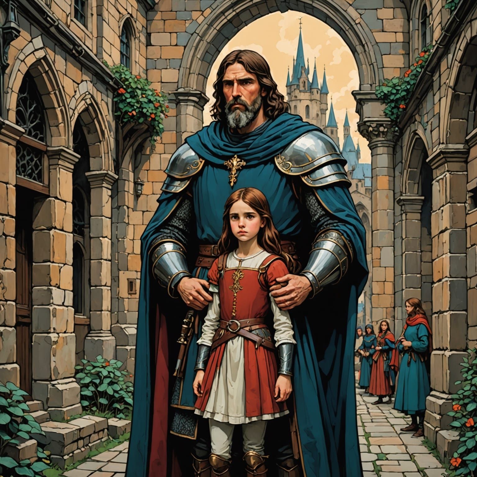 Medieval Guard Protects Young Girl in Anime Style