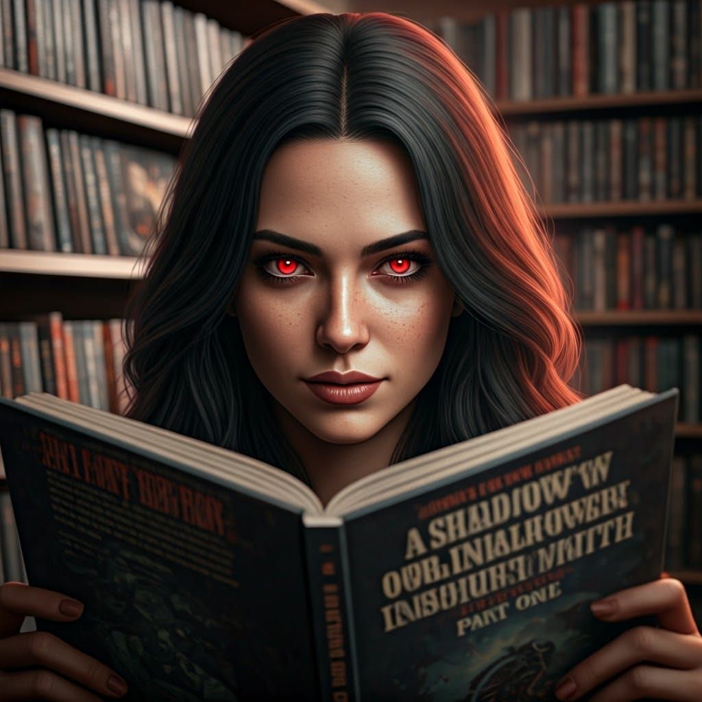 Beautiful Woman with Red Eyes Reading a Book