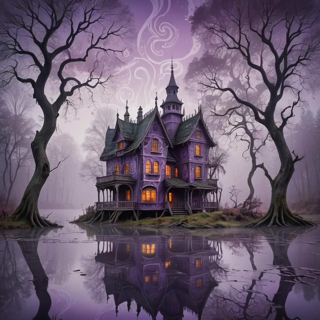Wonky Haunted House in Foggy Forest, Fairytale Illustration