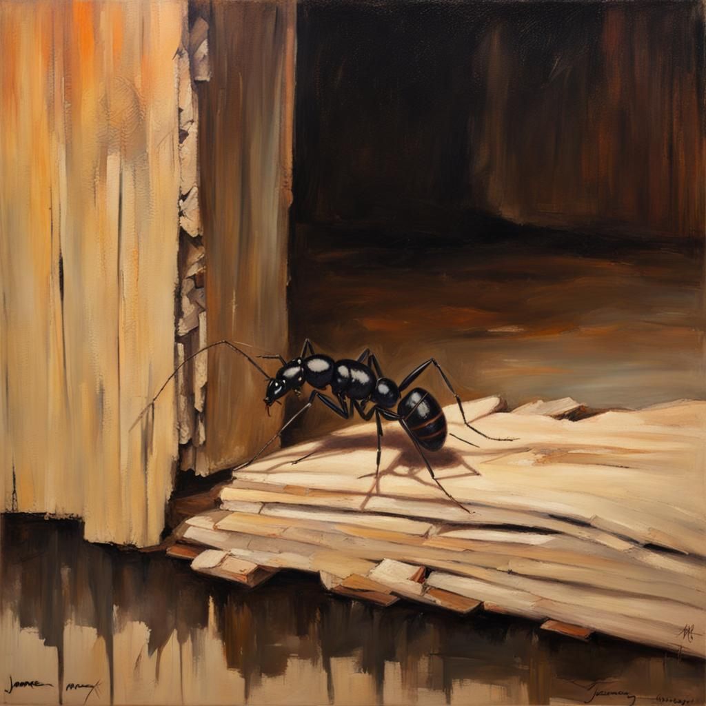 Carpenter Ant in Hut: Oil Painting Illustration