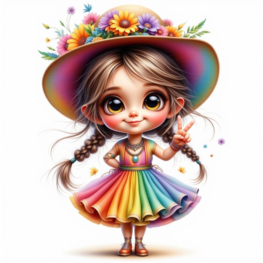 Whimsical Rainbow Girl in Acrylic Oil Painting