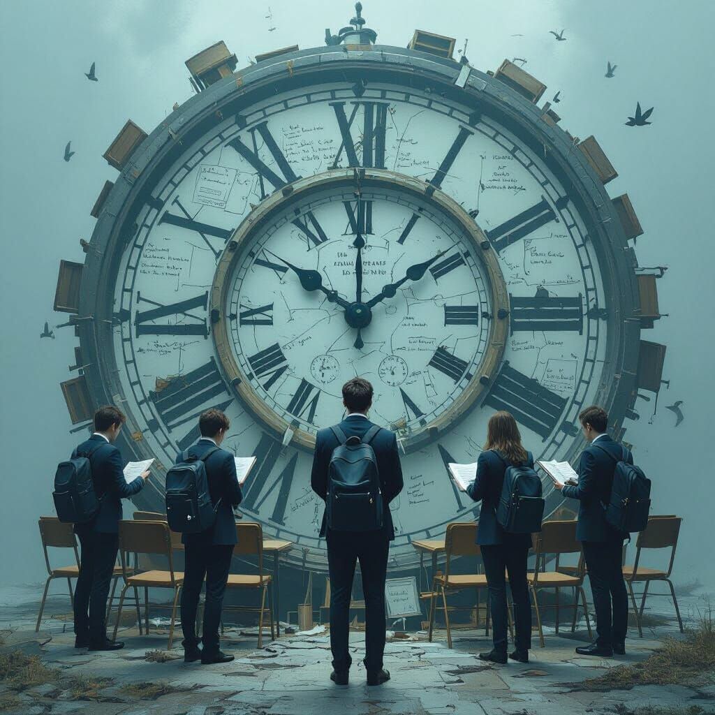 Stressed Students Trapped in Timepiece Artwork