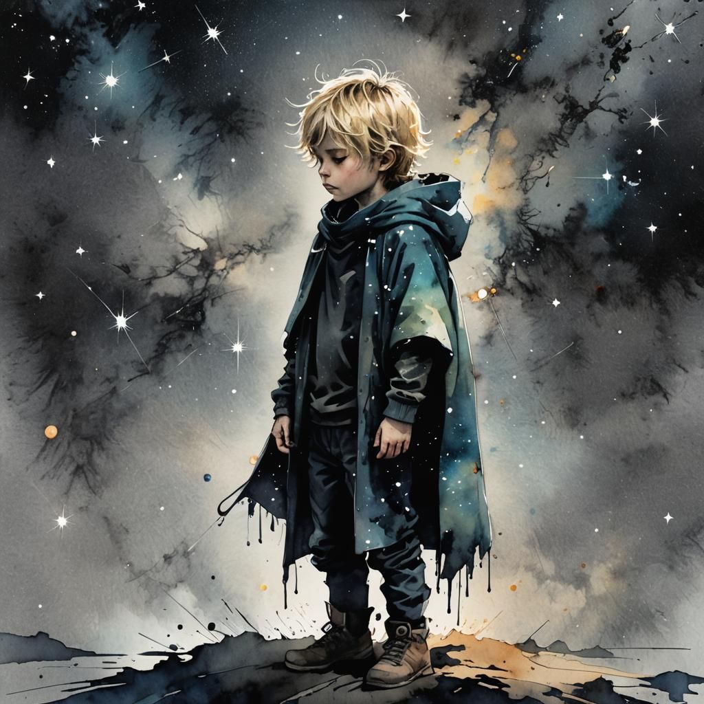 Boy Kneeling Under Constellations Watercolor Illustration