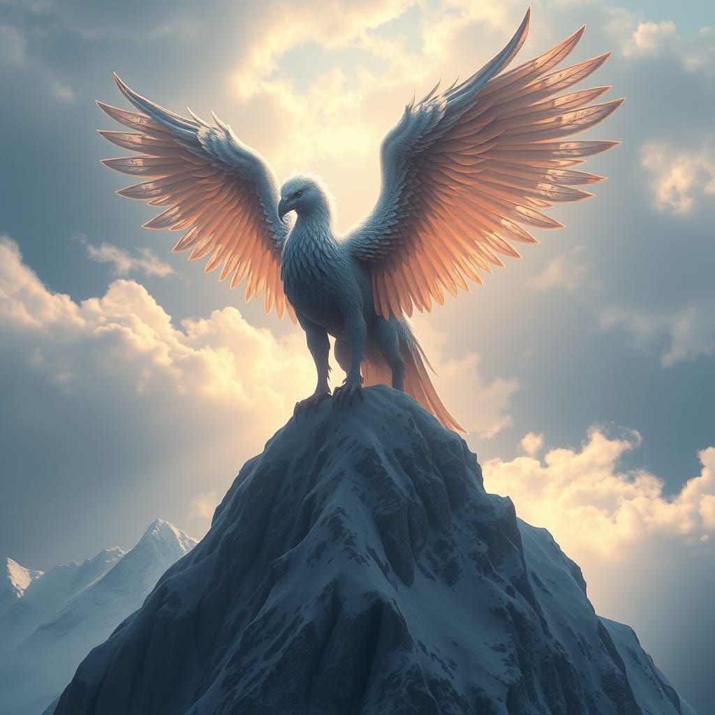 Ethereal Griffin Dominates Snow-Capped Mountain Peak in Cybe...