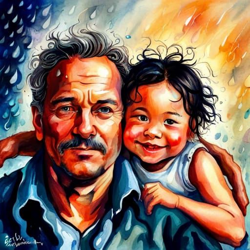 Loving Father and Child in Rainy Watercolor Fantasy