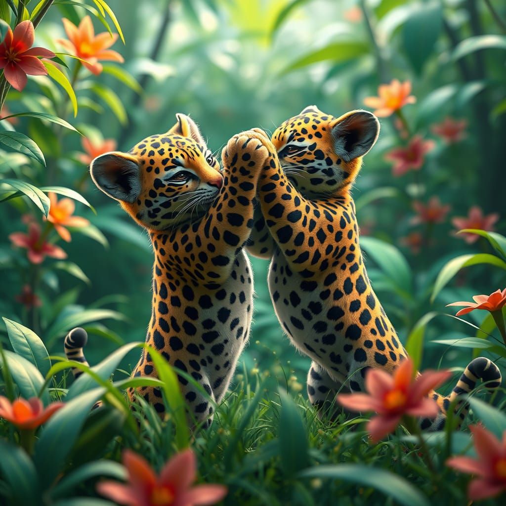 Two Baby Leopards Play Fighting in a Vibrant Jungle