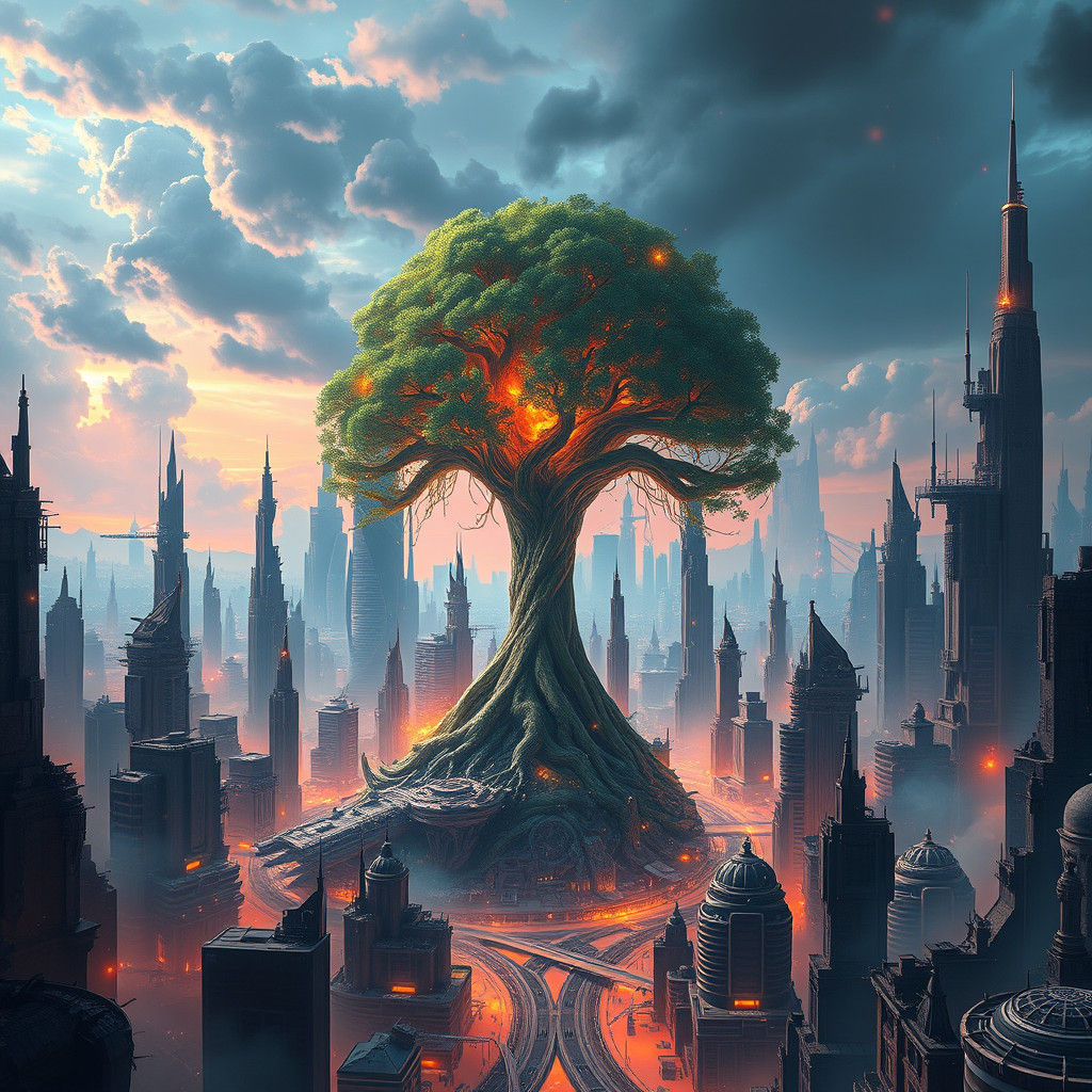 Dystopian Metropolis with Glowing Tree, as Matte Painting