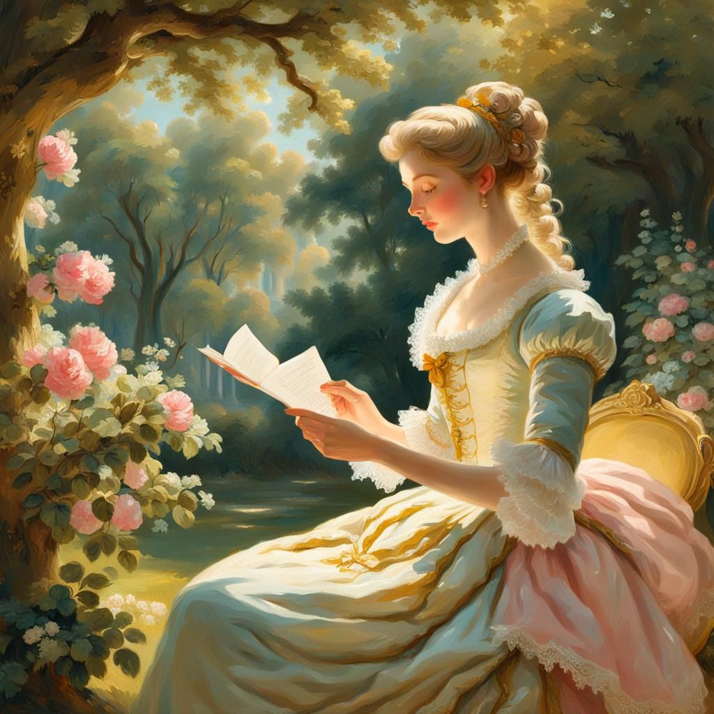 Woman Reading Letter in Garden as Rococo Painting
