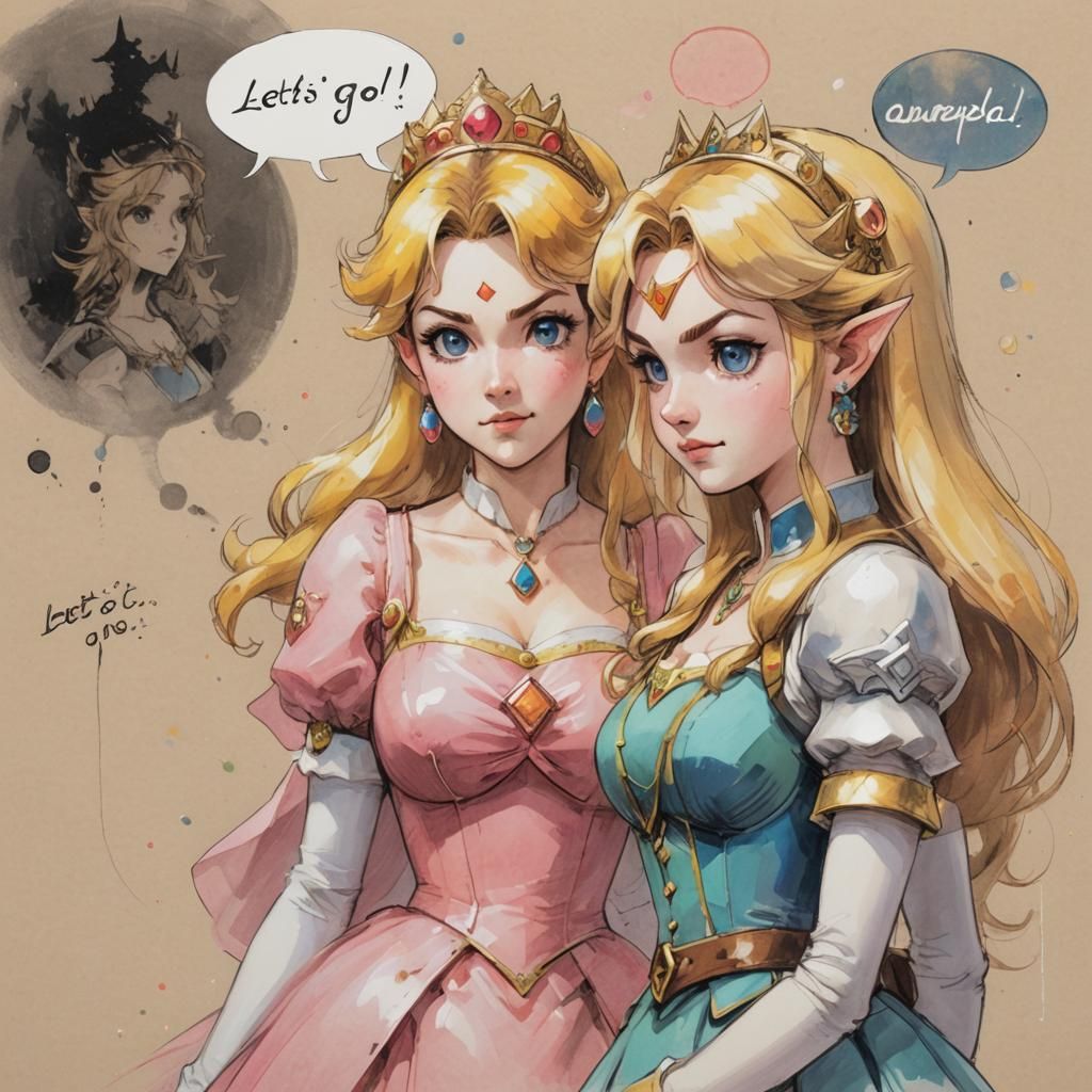 Princess Peach and Zelda Manga Portrait in Pastel Colors