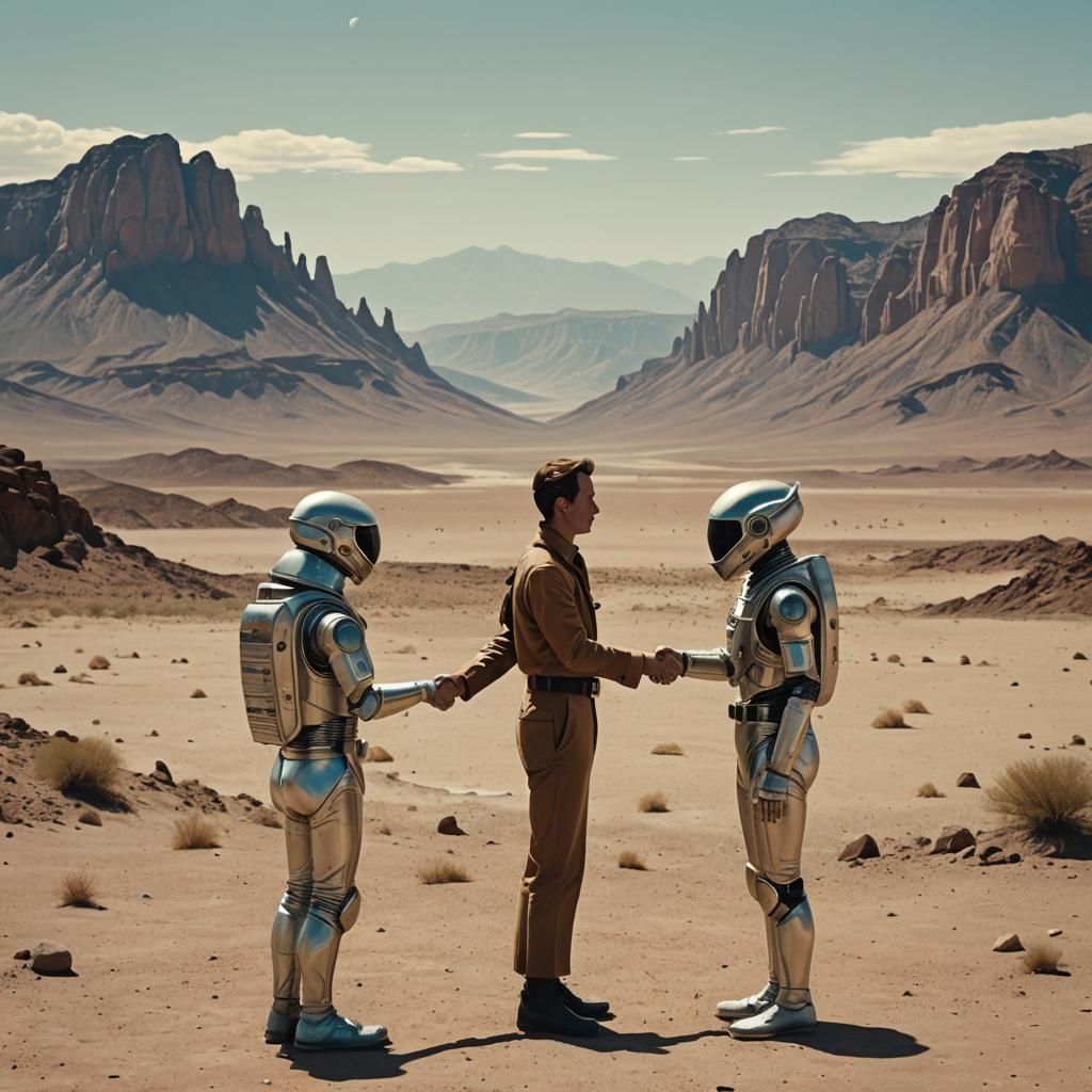 Human and Alien Handshake in Retro Sci-Fi Style