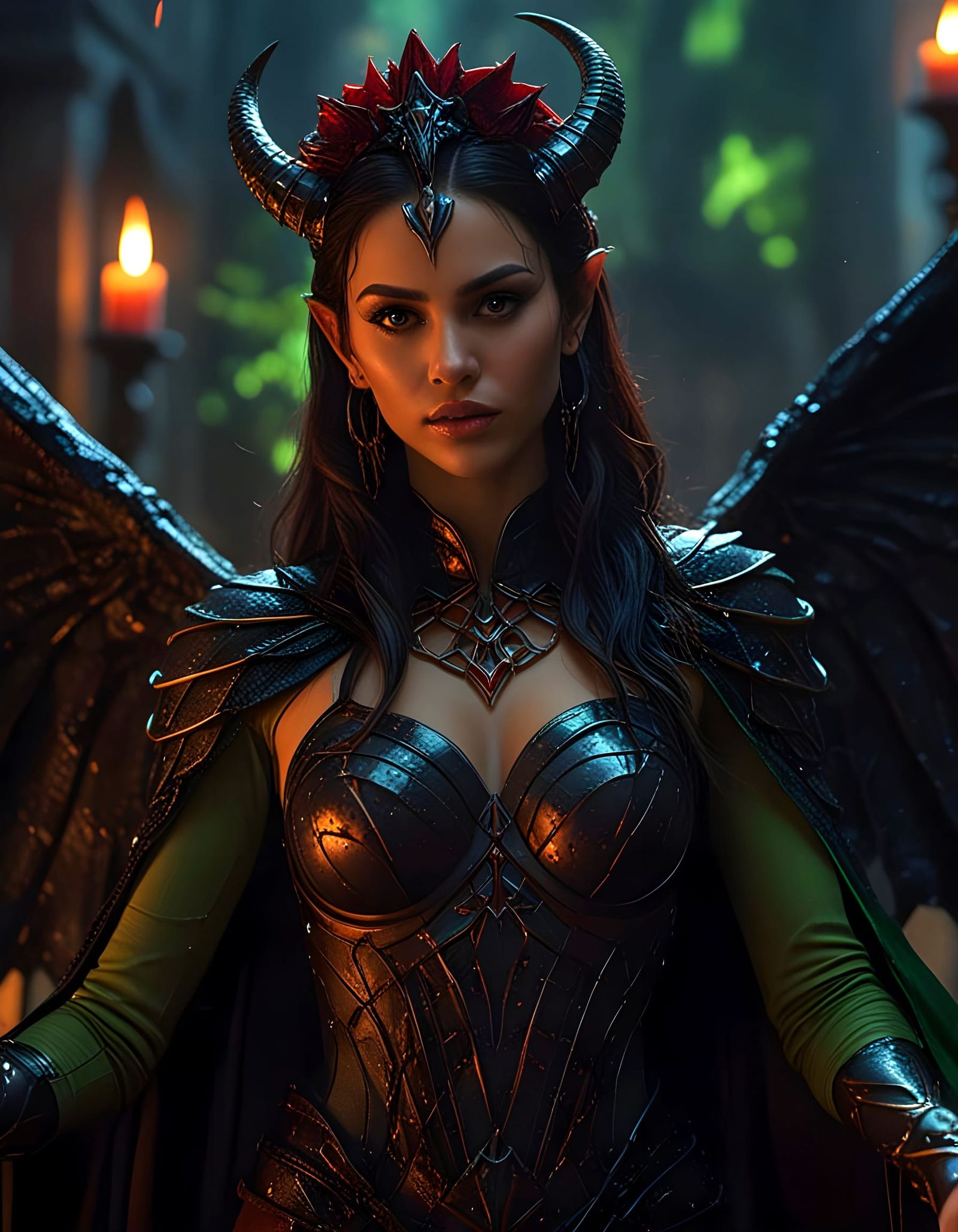 Seductive Demon Queen in Hellish Throne Room