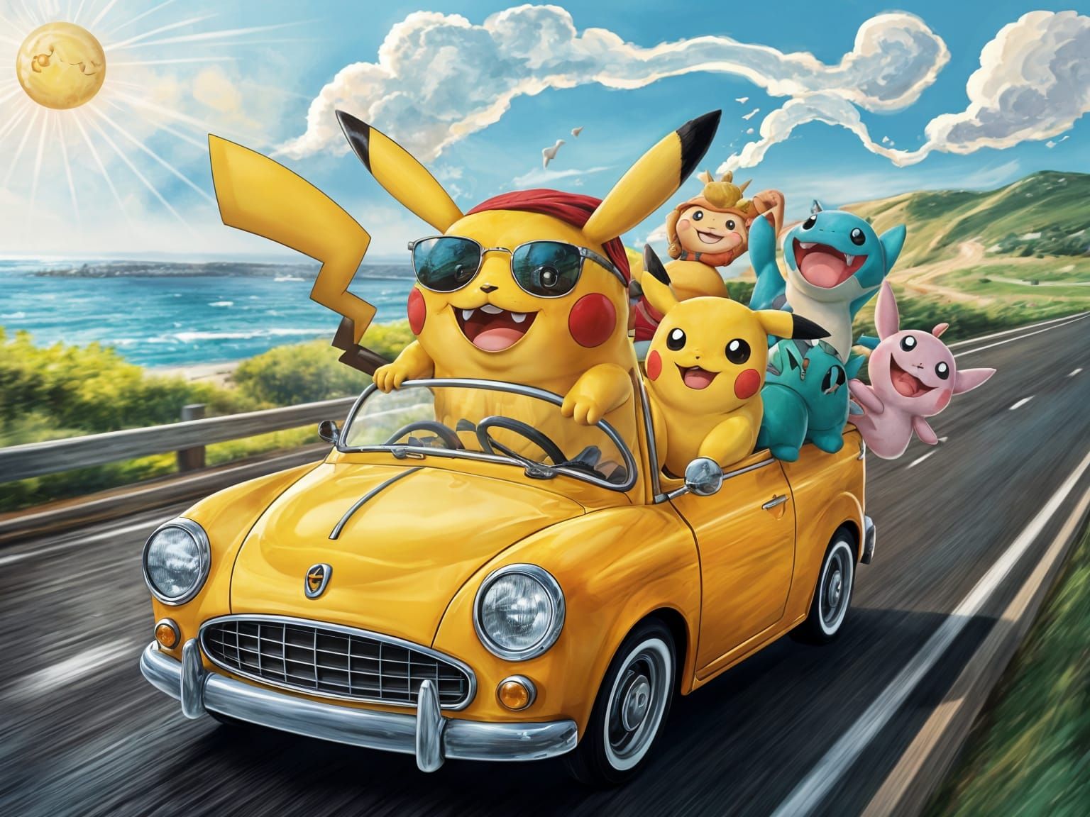 Pikachu's Whimsical Road Trip with Pokémon Friends