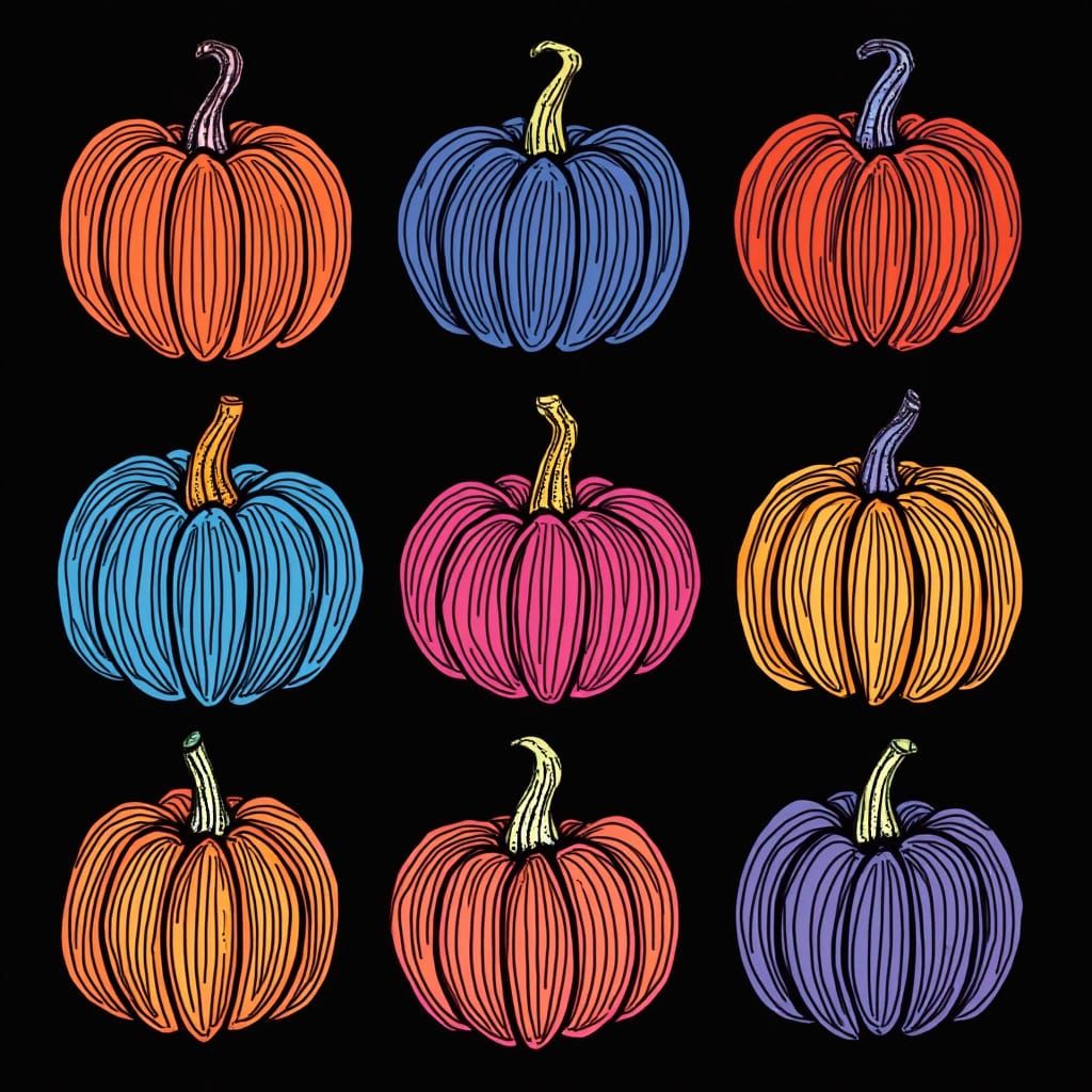 Neon Pumpkin Doodle Art on Black Background