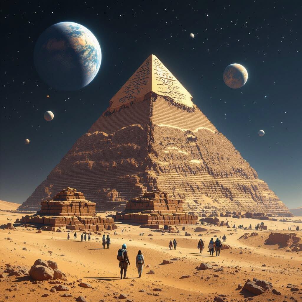 Anunnaki Descend on Pyramids in Futuristic Digital Art