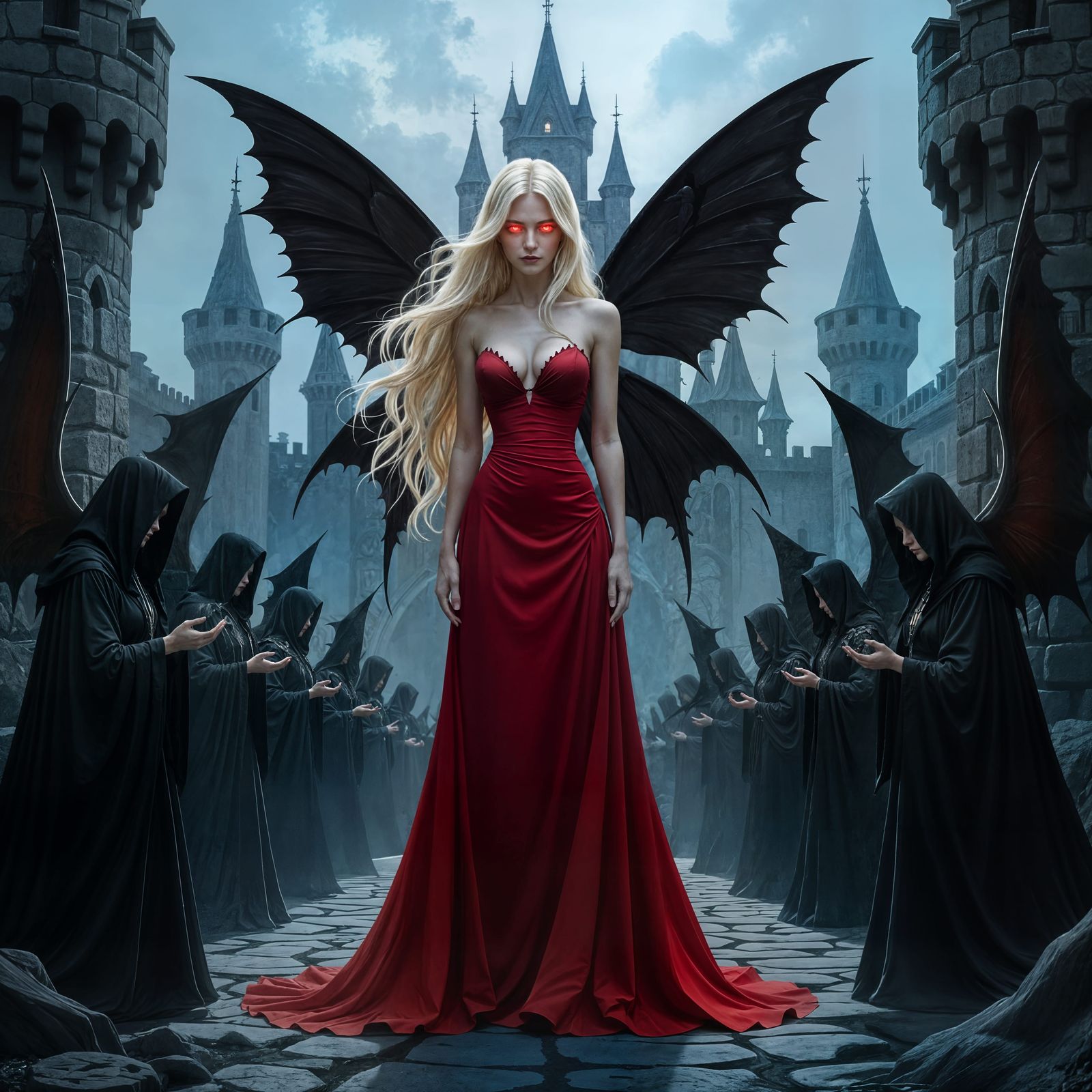 Evil Blonde Fairy With Black Wings and Red Eyes