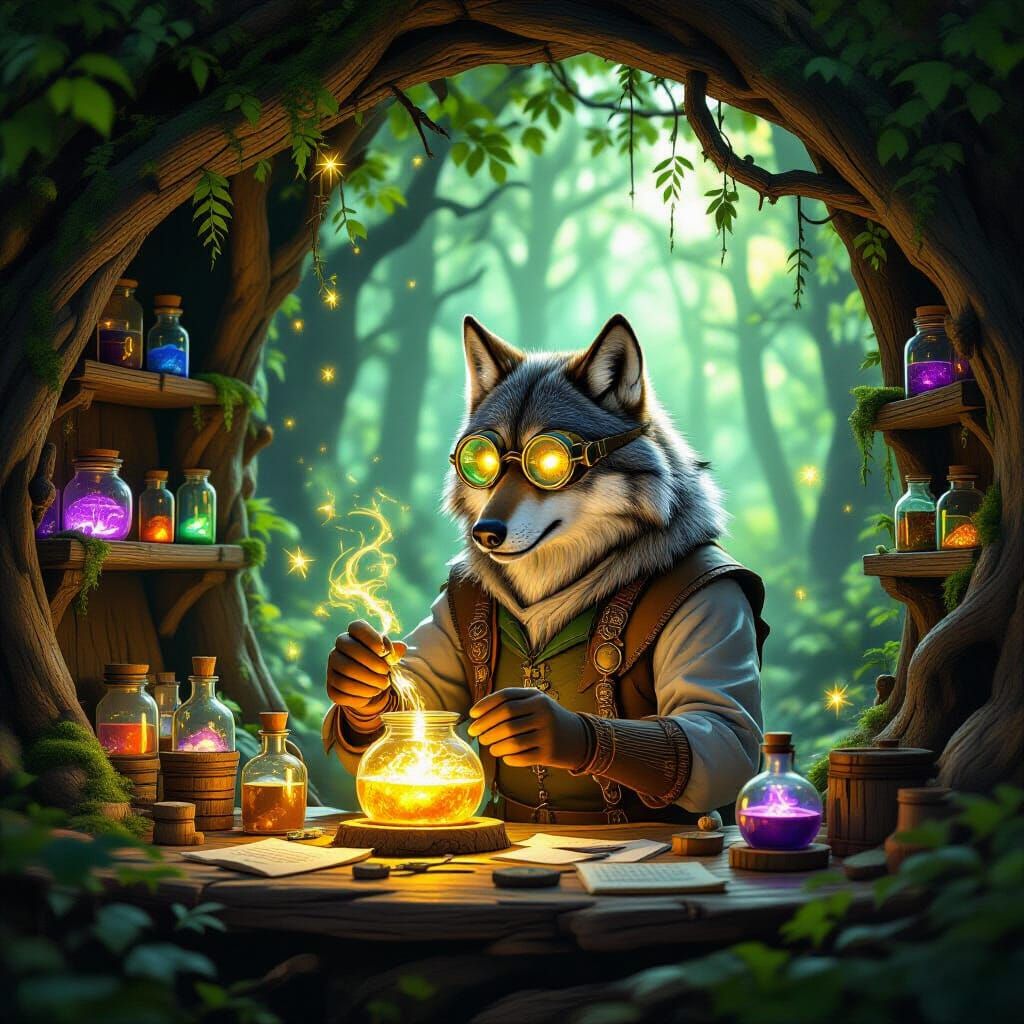 Wolf Scientist in Enchanted Forest Lab