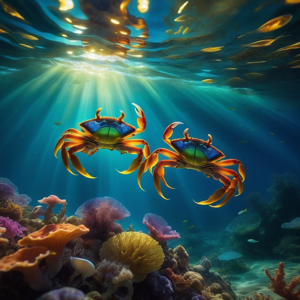 Surreal Underwater Scene of Fish Racing a Crab in a Salvador...