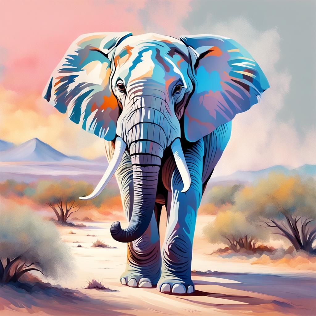 Pastel Elephant in Desert Landscape