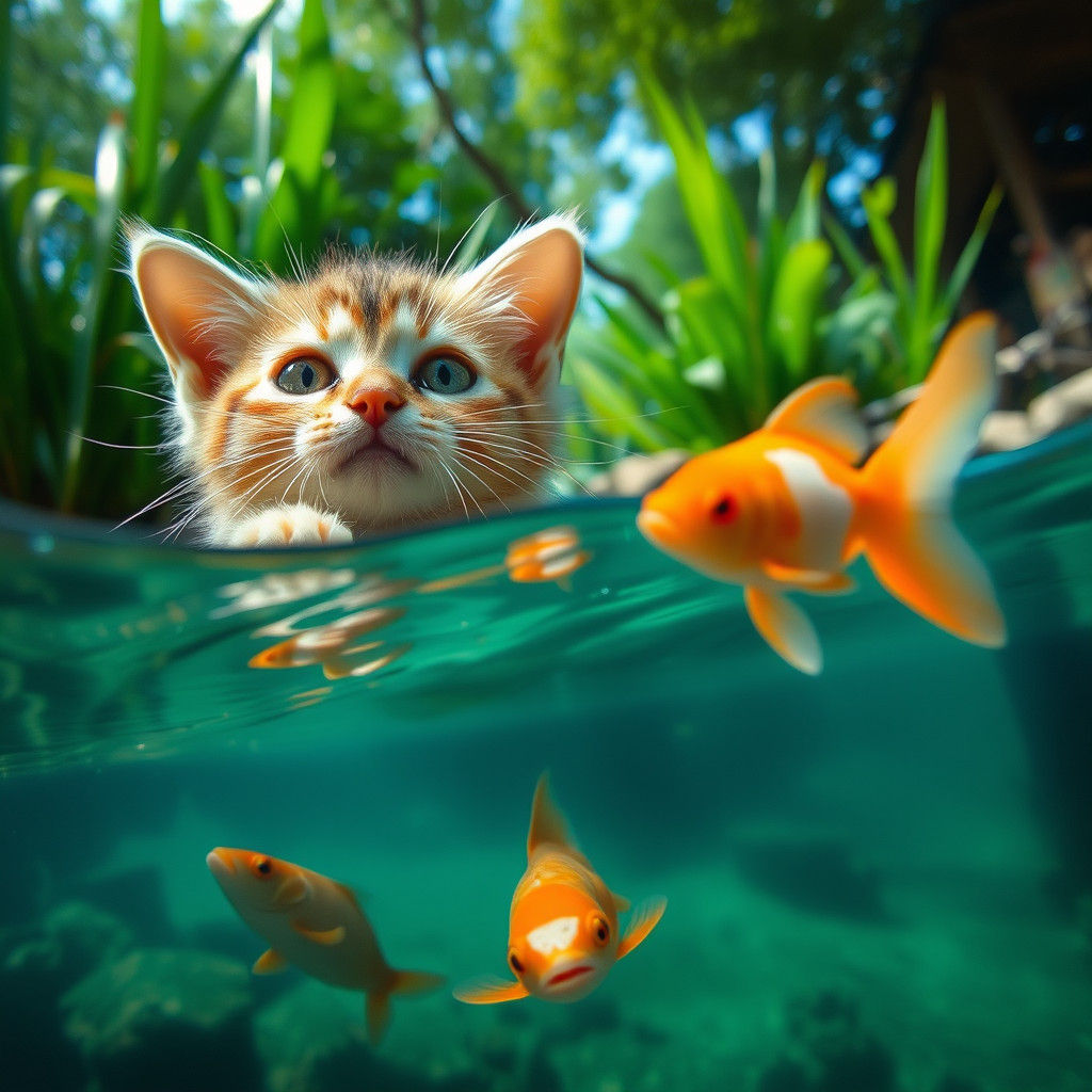 Kitten Watching Fish in Pond From Below