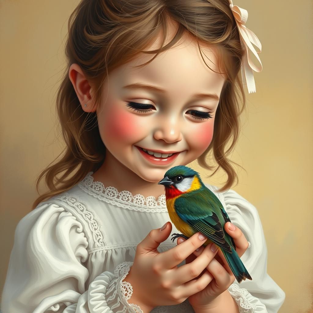 Girl Cradling Bird in Dreamlike Oil Painting