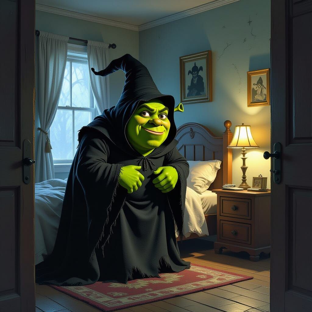 Ominous Shrek as Baba Yaga in Dimly Lit Bedroom