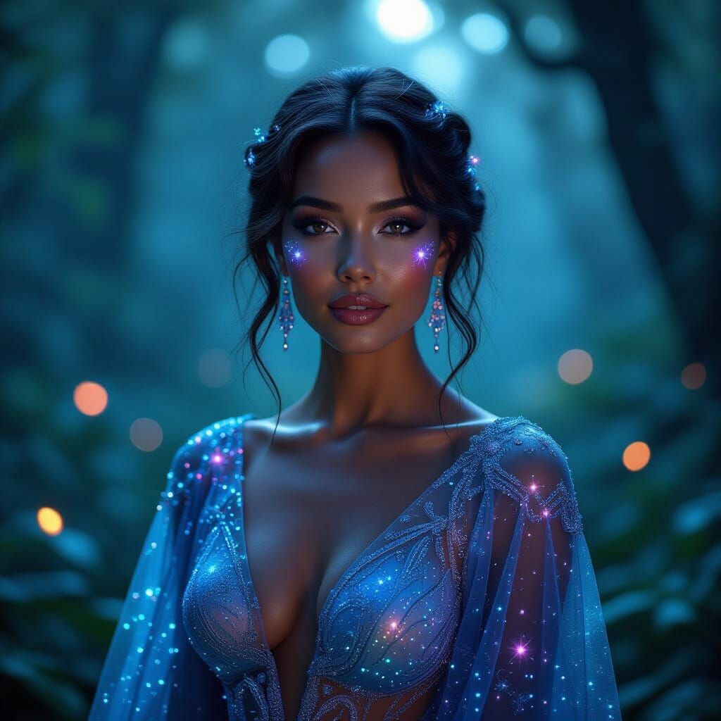 Woman in Starlight Dress in Bioluminescent Forest