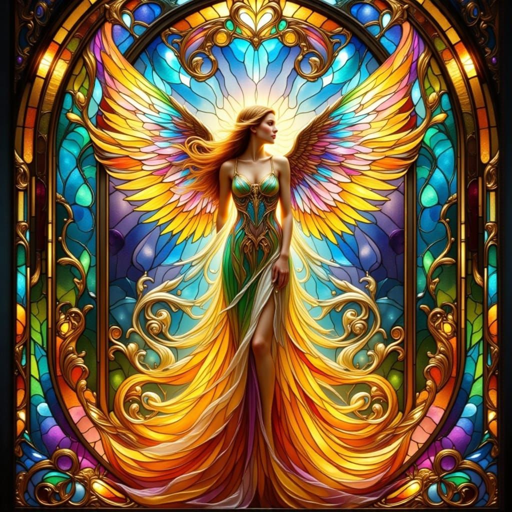 Stained Glass Angel Before Golden Gates