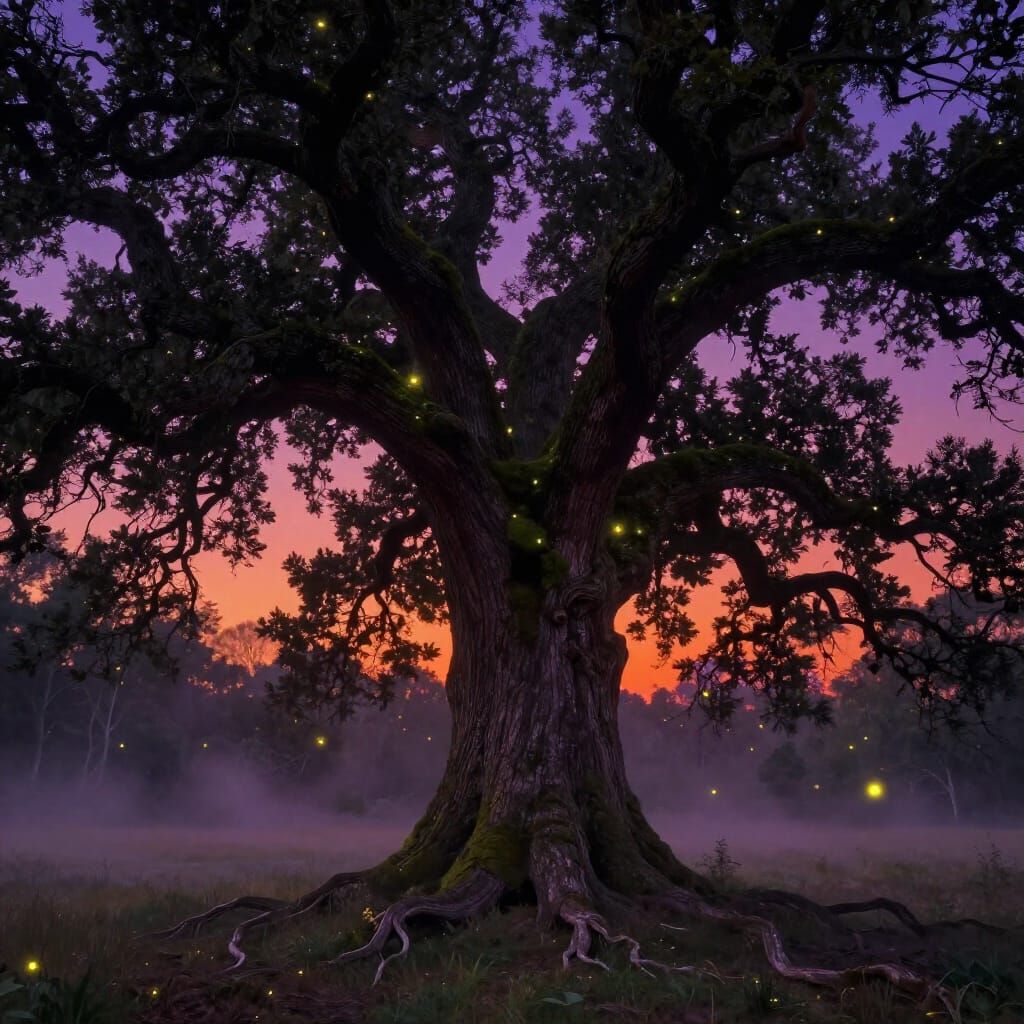 Ancient Oak Tree Under Twilight Sky