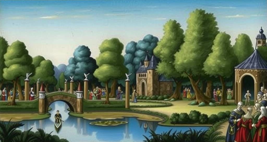 Medieval Nobles in Enchanted Garden: Manuscript Style