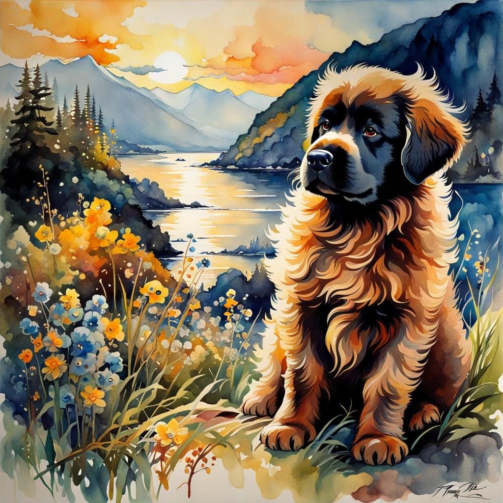 Watercolor Newfoundland Puppy with Golden Outlines