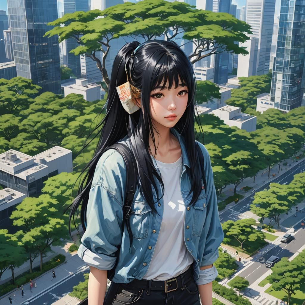 Anime Style Tokyo Portrait of Woman in Denim