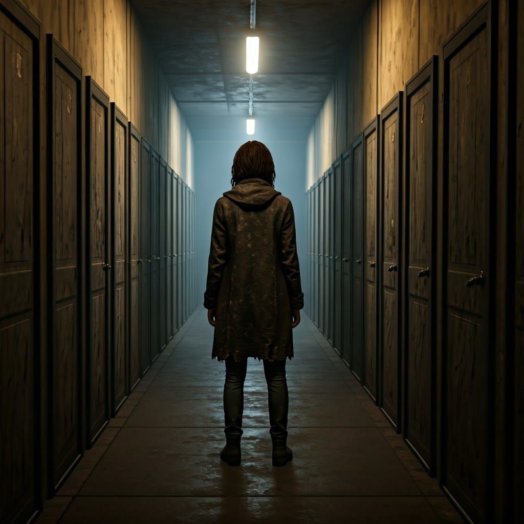 Woman in Eerie Liminal Space with Endless Doors