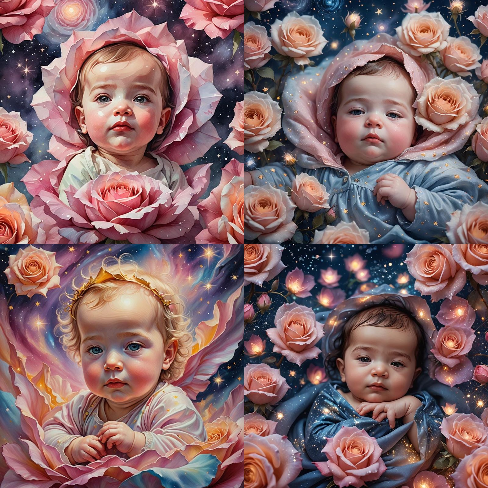 Baby in Glowing Rose Under Celestial Stars