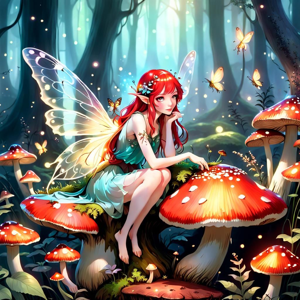 Enchanting Fairy on Mystical Mushroom in Forest