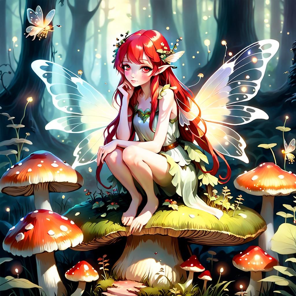 Fairy on Mushroom in Enchanted Forest