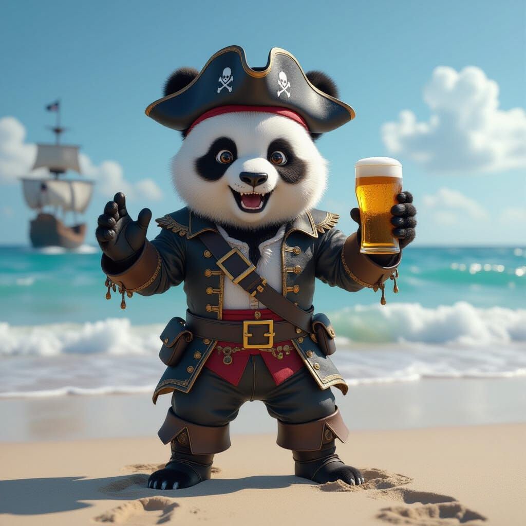 Humanoid Panda Pirate on Sunny Beach with Beer