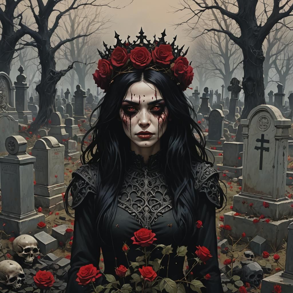 Sinister Girl with Rose Crown and Black Eyes