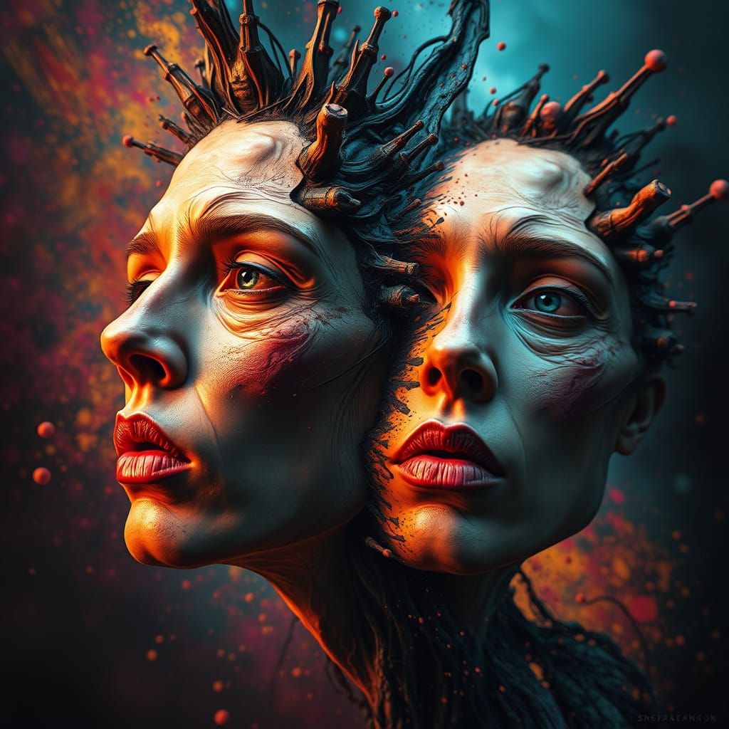 Hyperrealistic Faces Disintegrating with Dramatic Lighting