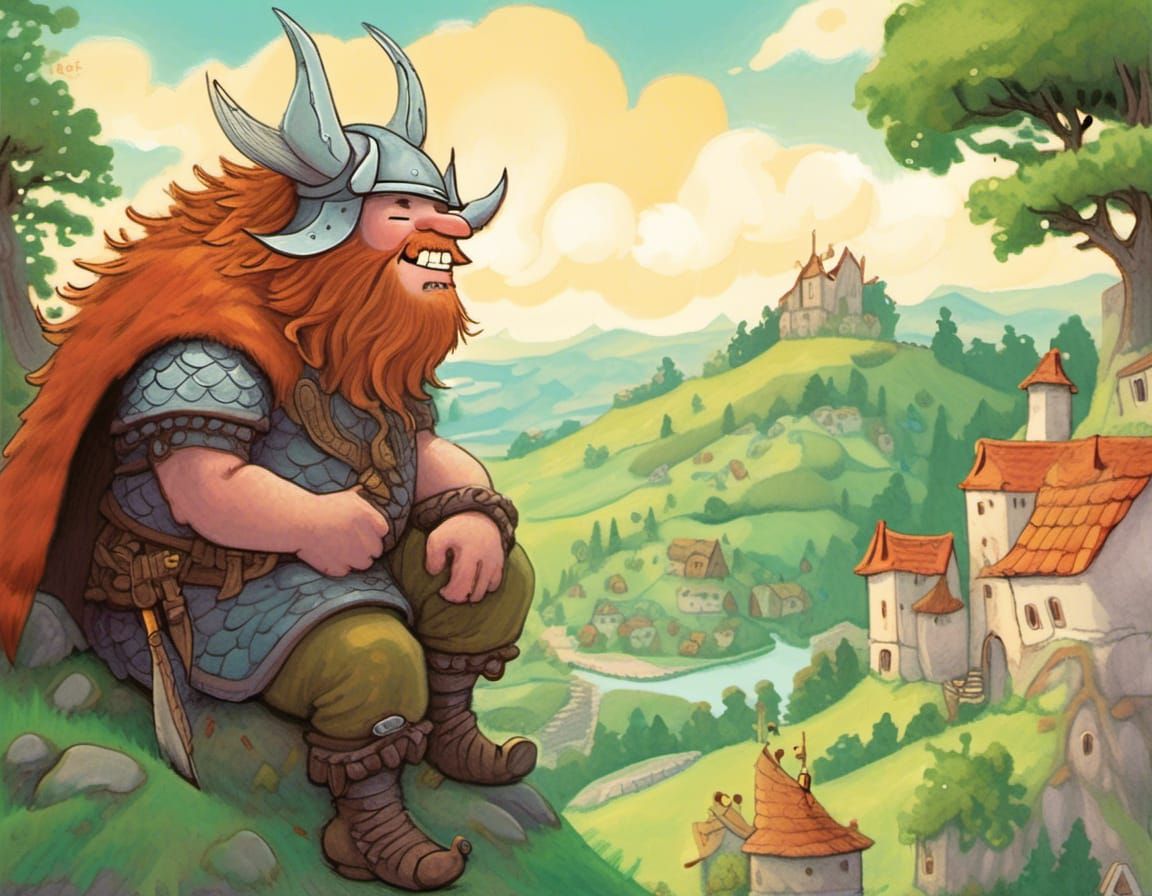 Cheerful Viking and Dragon in Children's Book Style