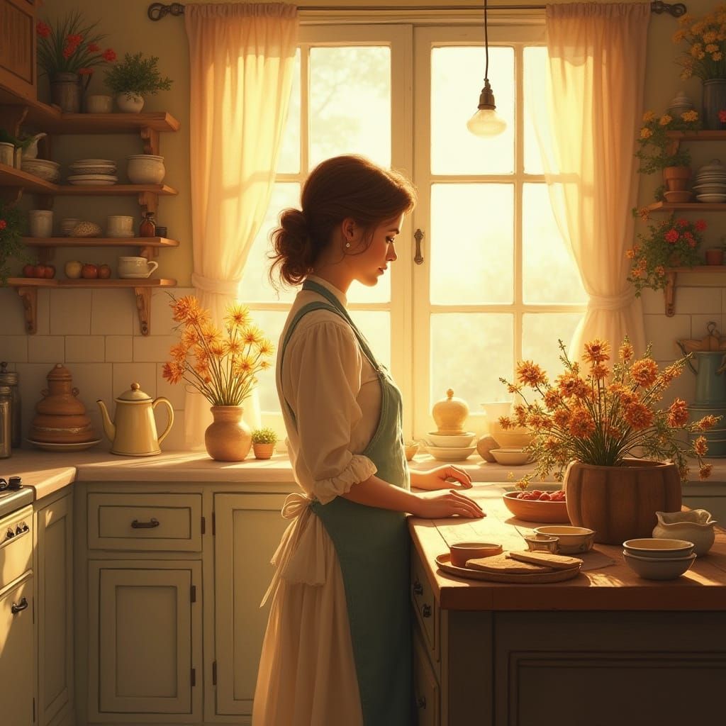 Nostalgic Kitchen Scene in Warm, Whimsical Style