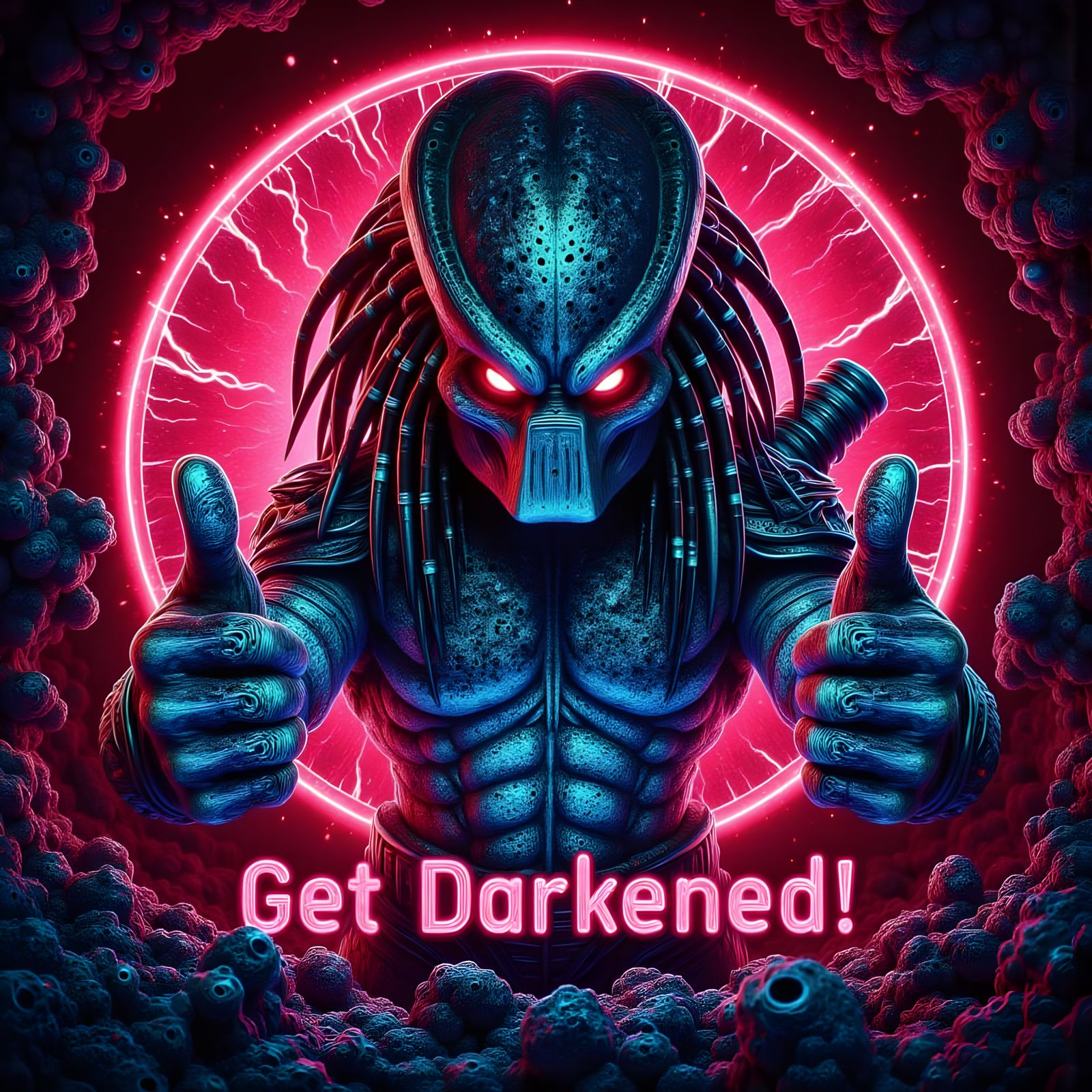 Neon Glitchcore Predator Giving Thumbs Up