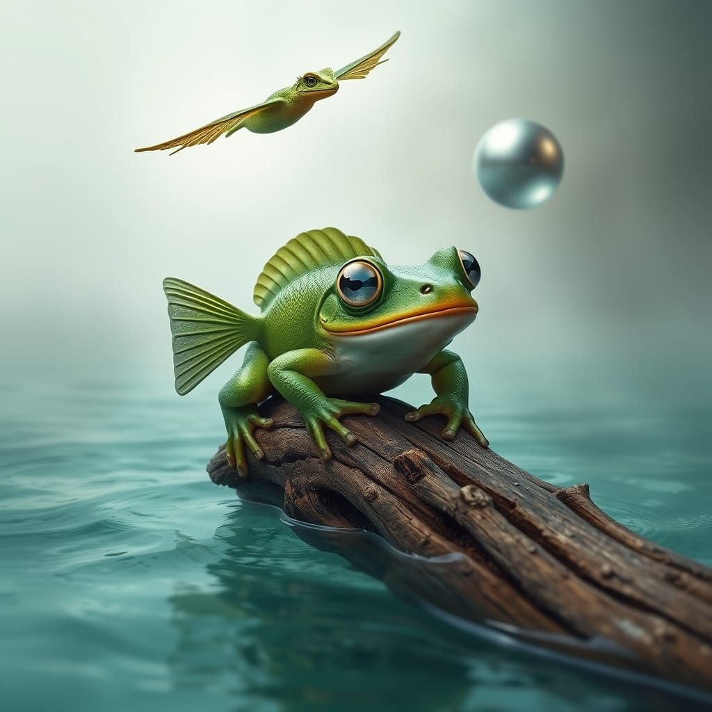 Fish-Frog with Silver Eyes in Ethereal Landscape