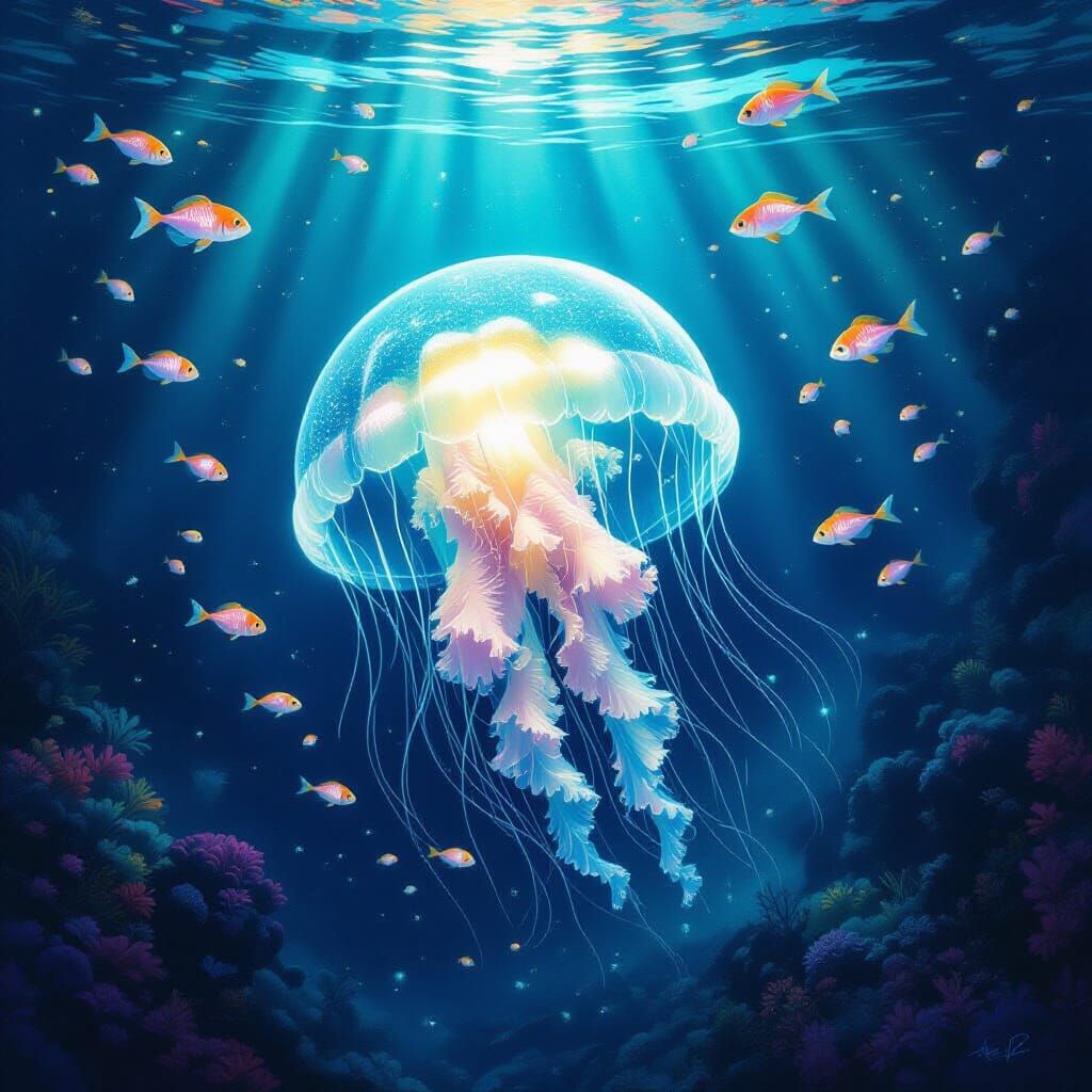 Bioluminescent Jellyfish in Deep-Sea Trench: Watercolor Art
