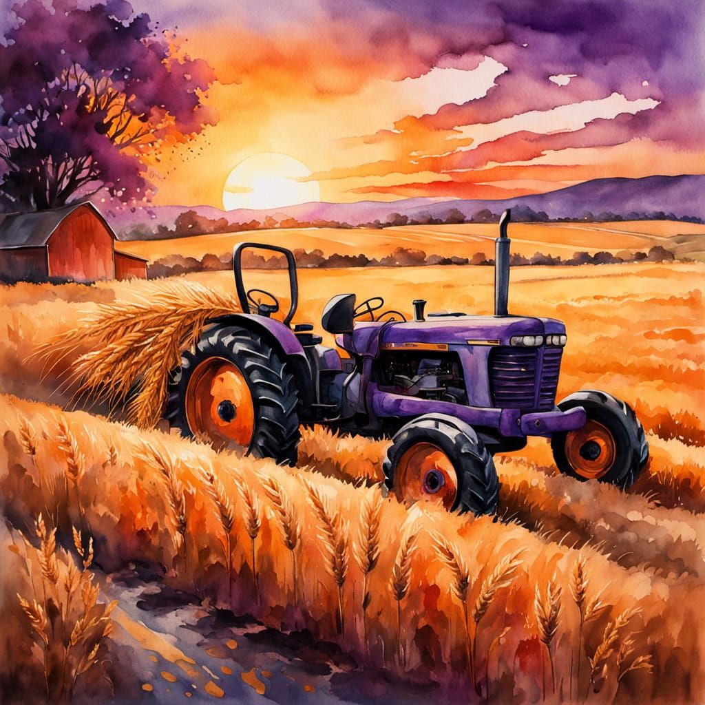 Watercolor Tractor at Sunset in Farm Landscape