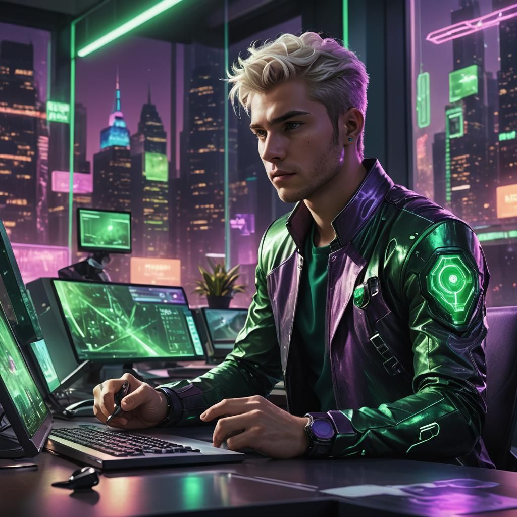 Futuristic Office Concept Art in Plum and Emerald