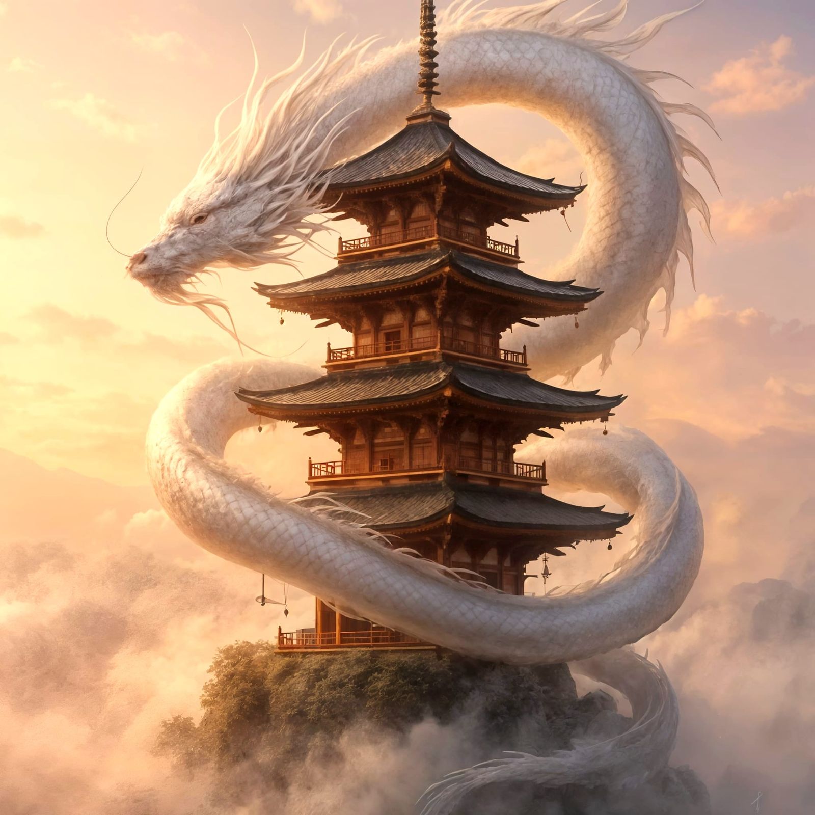 Japanese Pagoda Guarded by Majestic Dragon in Misty Sunrise
