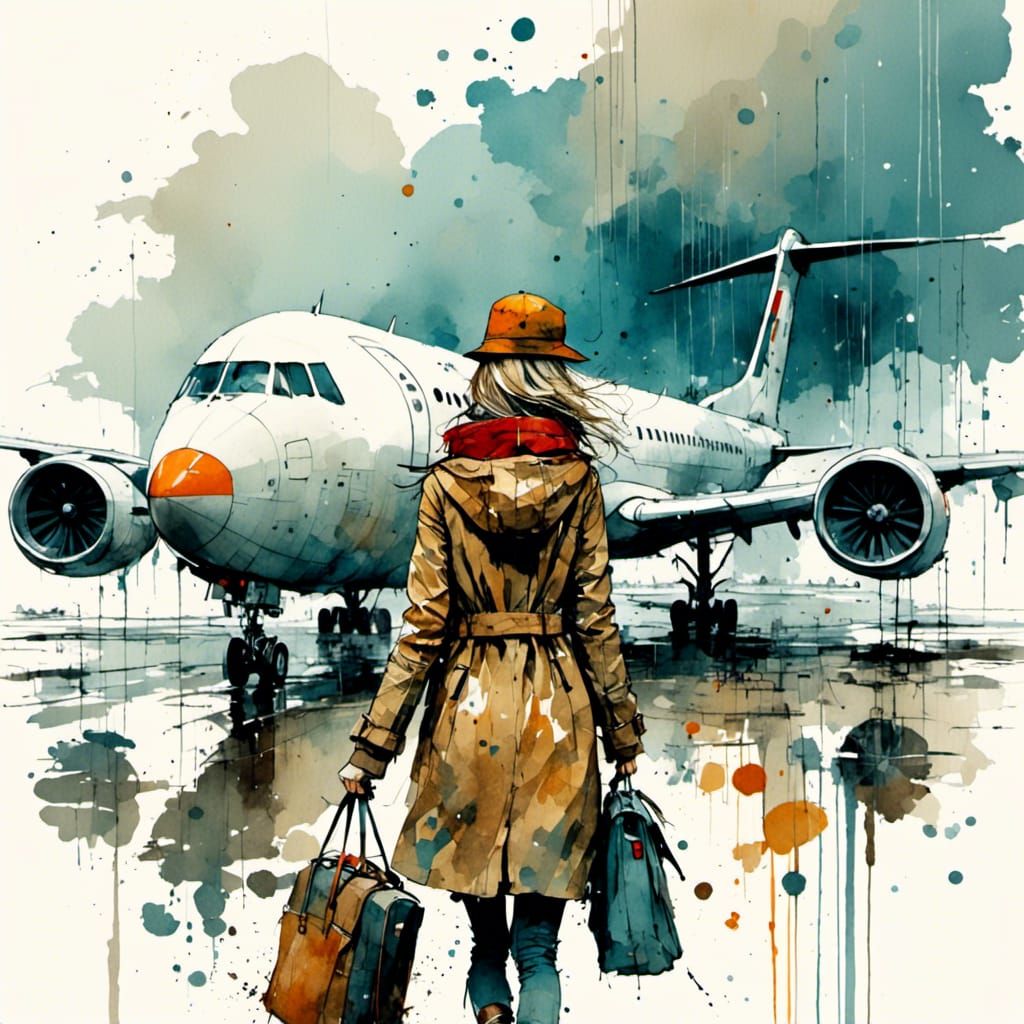 Mod Girl in Rain: Digital Ink Painting with Watercolor