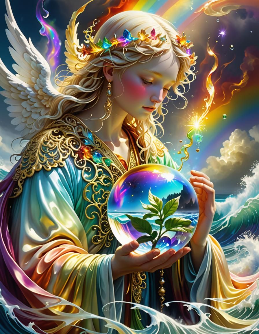 Angel in Orb Above Storm, Surreal Art