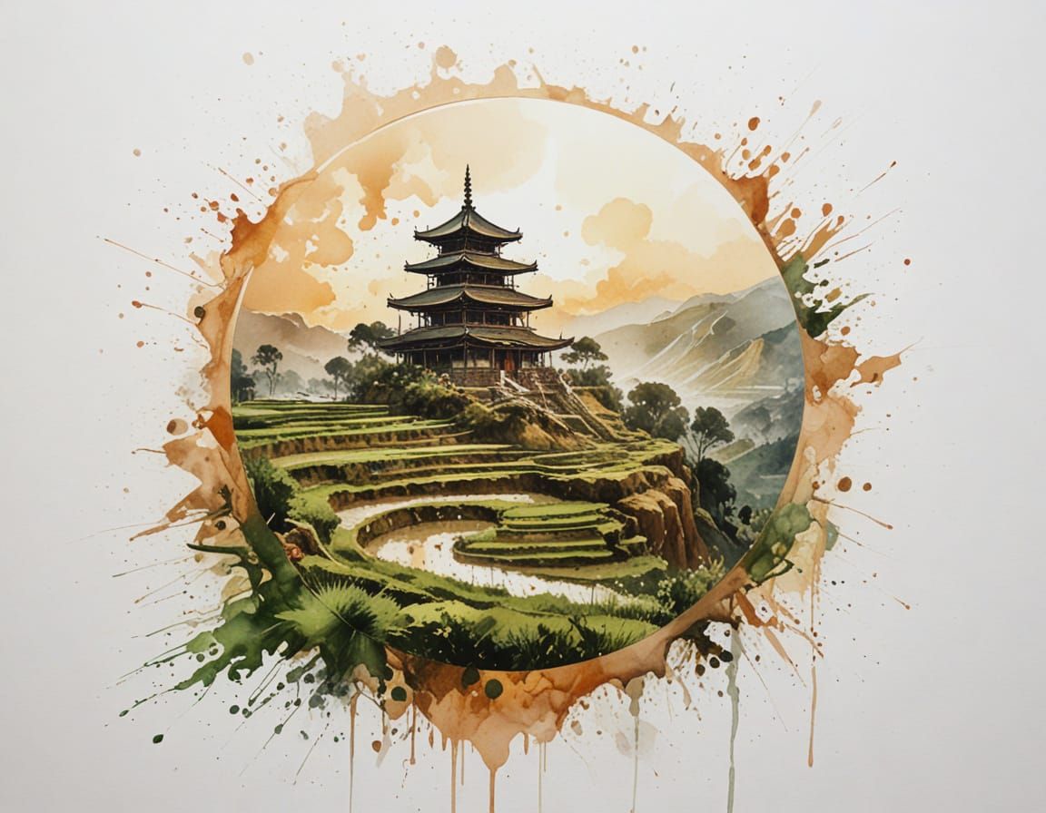 Golden Hour Monsoon Rain Over Emerald Rice Terraces